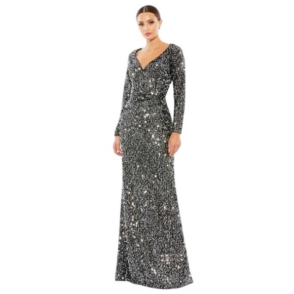 MAC DUGGAL Dress Size 20 Evening Gown Sequin NEW Black Silver V Neck Long Sleeve - Picture 1 of 7